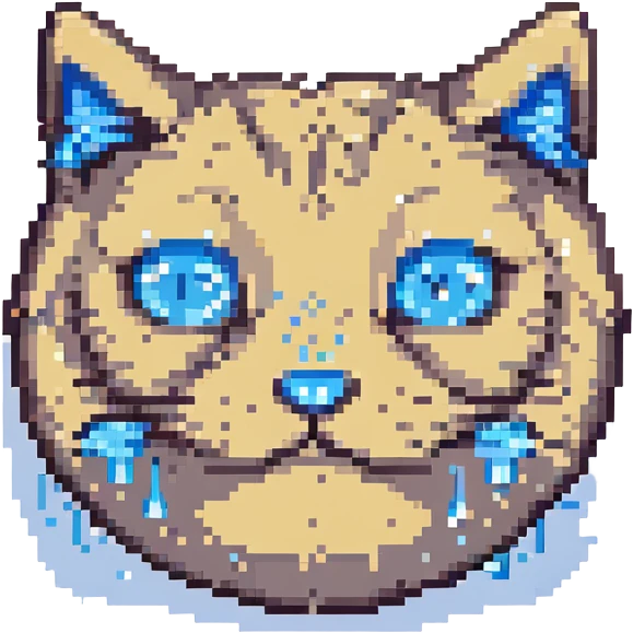 Make the sad cat emoji crying with blue pixel tears, in the pixel art style, no background. emoji