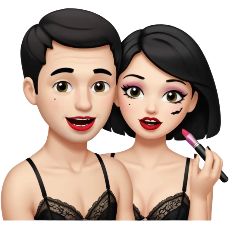 male getting sissified in lingerie by his smug wife. the wife is crying with laughter. she is doing the males makup emoji