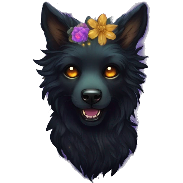 Black iridescent fluffy dog fox head zombie skull skeleton gold mechanical nebula galaxy stars colorful flowers fairy lights vintage emoji
