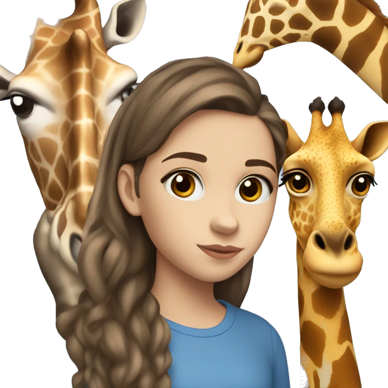 10 year old white girl with brown eyes, brown hair, big lips, blue shirt, blue and black pants, whit shoes, with a giraffe next to her  emoji