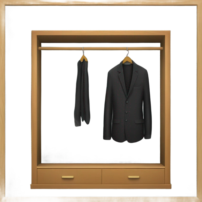 Design an emoji-style icon of an open wardrobe with clothes hanging inside. Include details like a wooden frame, hangers, and black clothing items such as shirts or any other clothing . Use a clean and minimalistic design. emoji