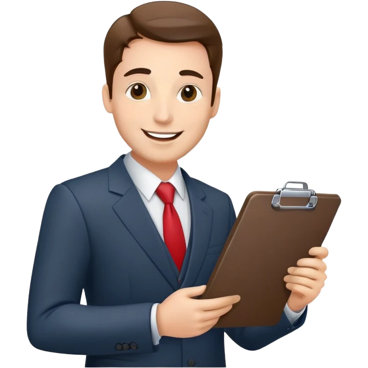 car salesman with a clipboard, cheerful expression, suit emoji