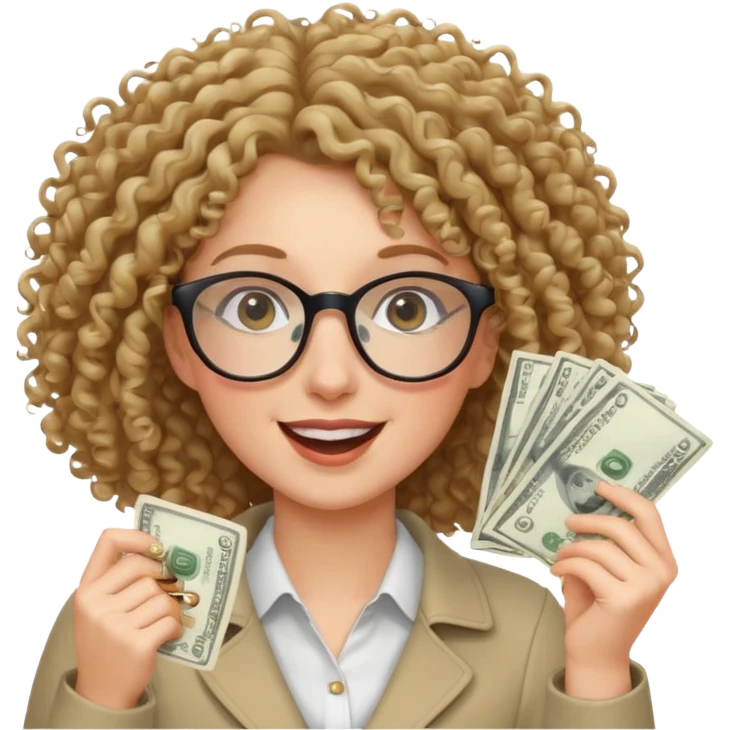 curly haired white woman with glasses joyfully throwing cash emoji