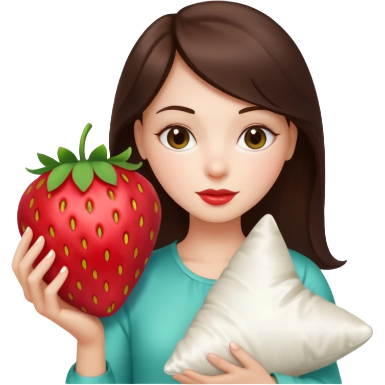brunette white girl with a silk pillow strawberry emoji