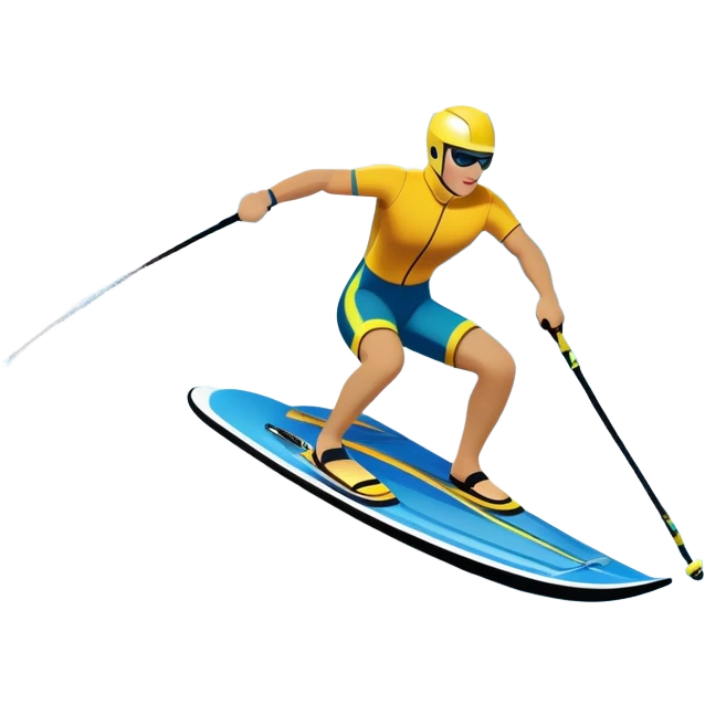 humanless icon showing water skis on the surface of the water, with the skis cutting through the waves, and a distant boat in the background creating a wake. The design highlights the smooth, dynamic motion of water skiing. Transparent background emphasizes the thrill of the sport emoji