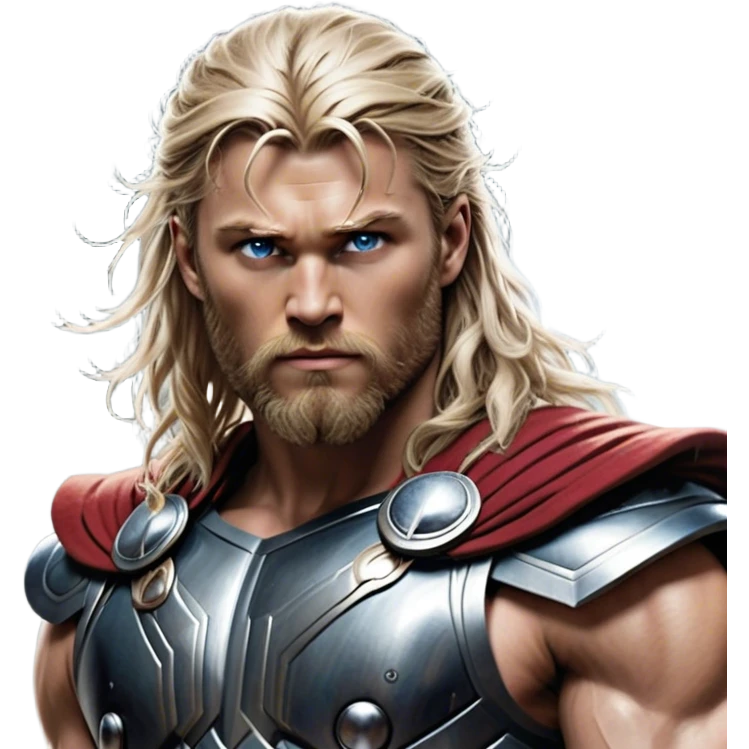 Cinematic Realistic Thor Portrait, depicted with lifelike skin texture and a commanding, muscular build that radiates divine strength. His piercing eyes, framed by rugged, flowing hair and a well-groomed beard, exude both determination and amiable authority. Clad in his signature armor with subtle hints of mystical lightning, the portrait is rendered in dynamic natural lighting with a radiant, heroic glow. emoji