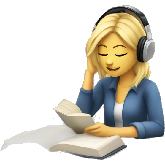 Blonde woman with headphones Studying in library looking at book  emoji