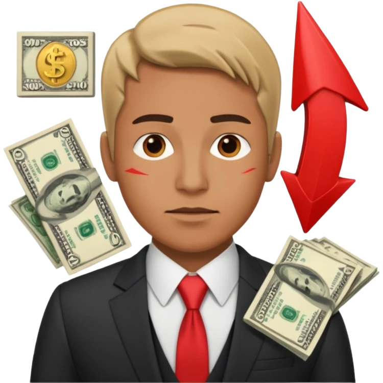 a man, and next to him are bills of money and a red arrow that points down emoji