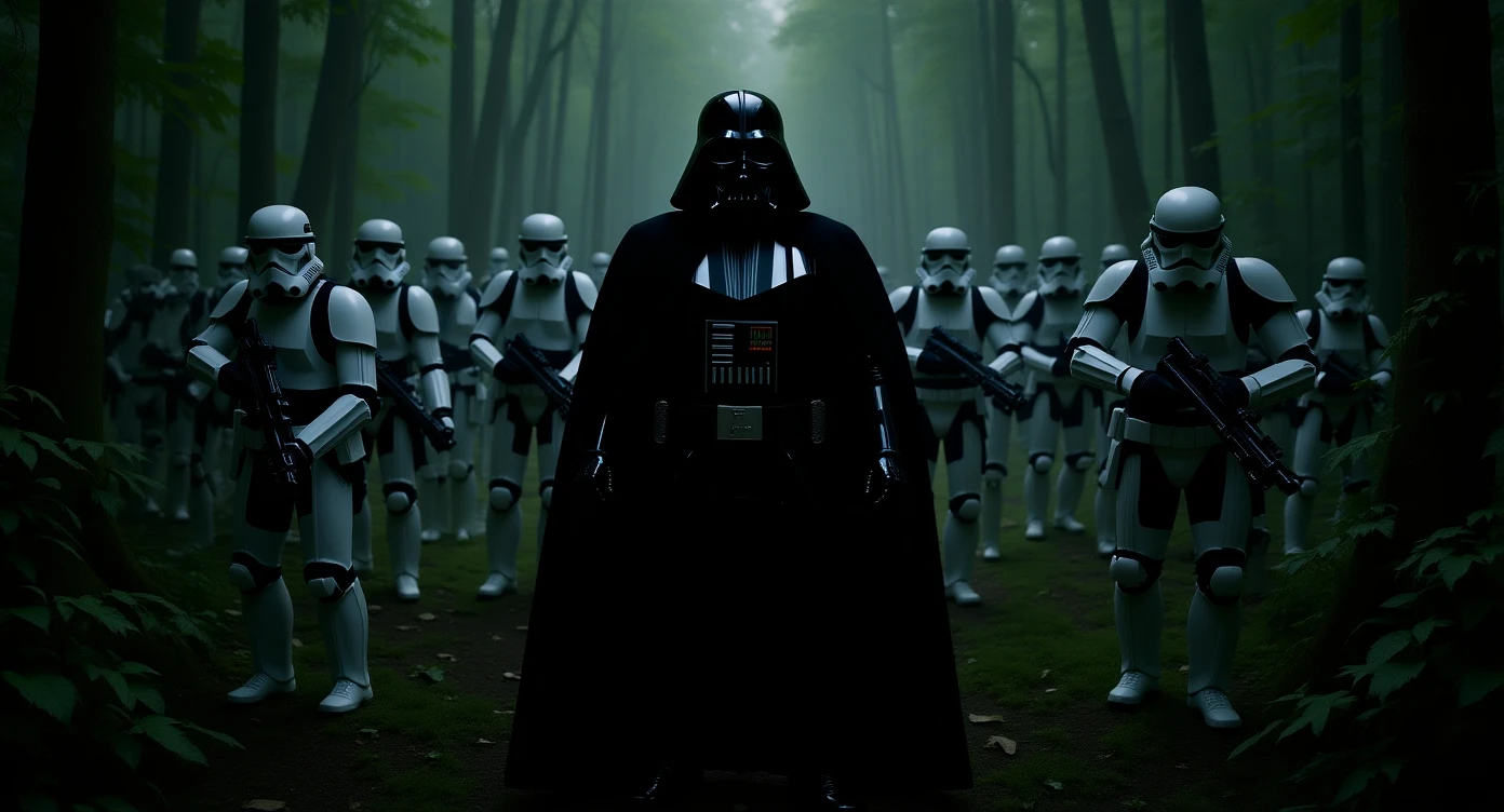 cinematic still, Closeup shot, amazon jungle, Darth Vader around stormtroopers is exploring the jungle, inspired by StarWars movie, captured by arri alexa emoji