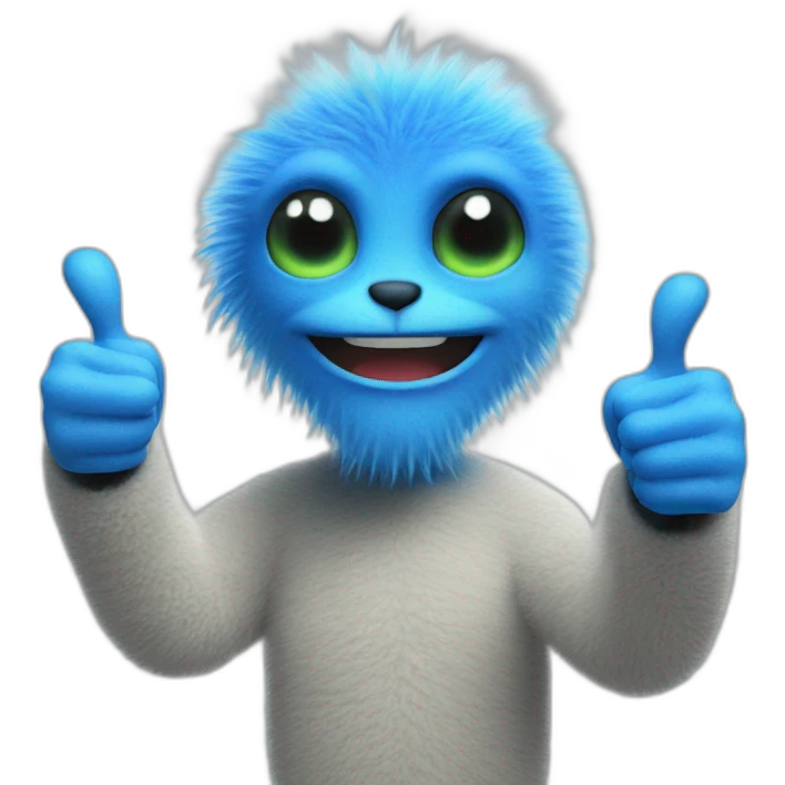 Blue fuzzy alien showing thumbs up emoji