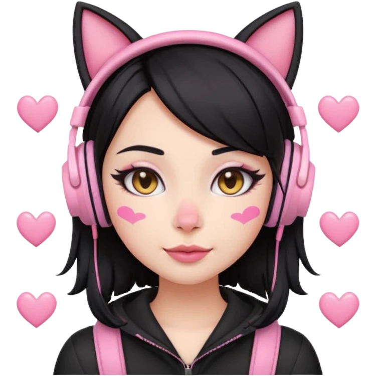 “Emoji girl, pastel pink streaks in black hair hair, bold winged eyeliner, heavy blush on cheeks and nose bridge, under-eye hearts, glossy pink lips, playful smirk and gaming headphones and cat ears.” emoji