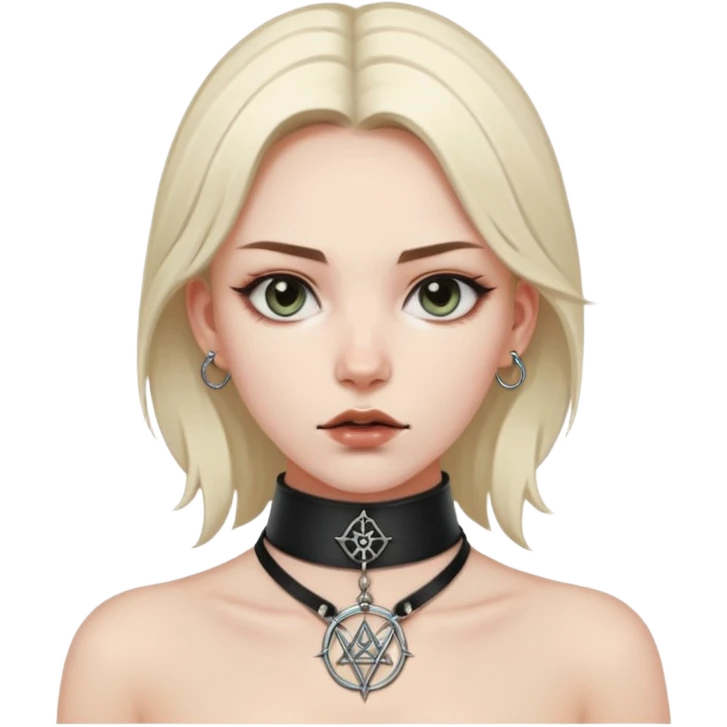 Leather choker with sigil around woman’s neck, pulse visible, dominance tone emoji