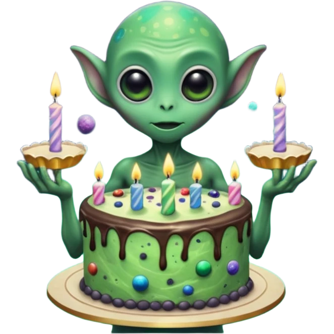 A giant alien holding a birthday cake that is actually a miniature galaxy, tiny planets orbiting the candles, cosmic dust swirling, epic scale contrast, ultra detailed space fantasy art

 emoji