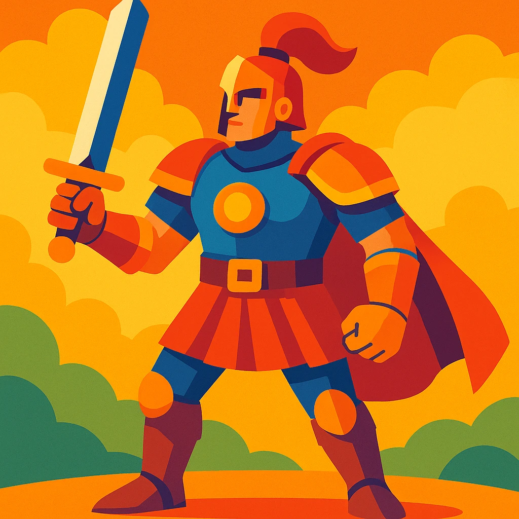 warrior RPG class, full body, holding a sword, armor, heroic pose, vibrant colors, fantasy style emoji