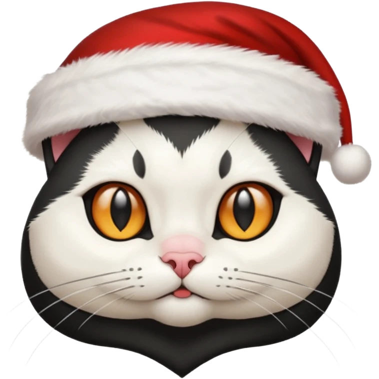 white and black cat face wearing a santa hat emoji