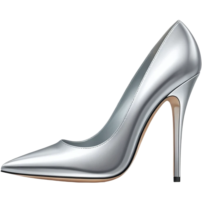 A pair of high heel shoes emoji made of polished silver chrome, elegant sharp silhouette, smooth metallic surface, glossy reflections, luxury sexy vibe, minimalistic iOS emoji style, centered, clean white background emoji