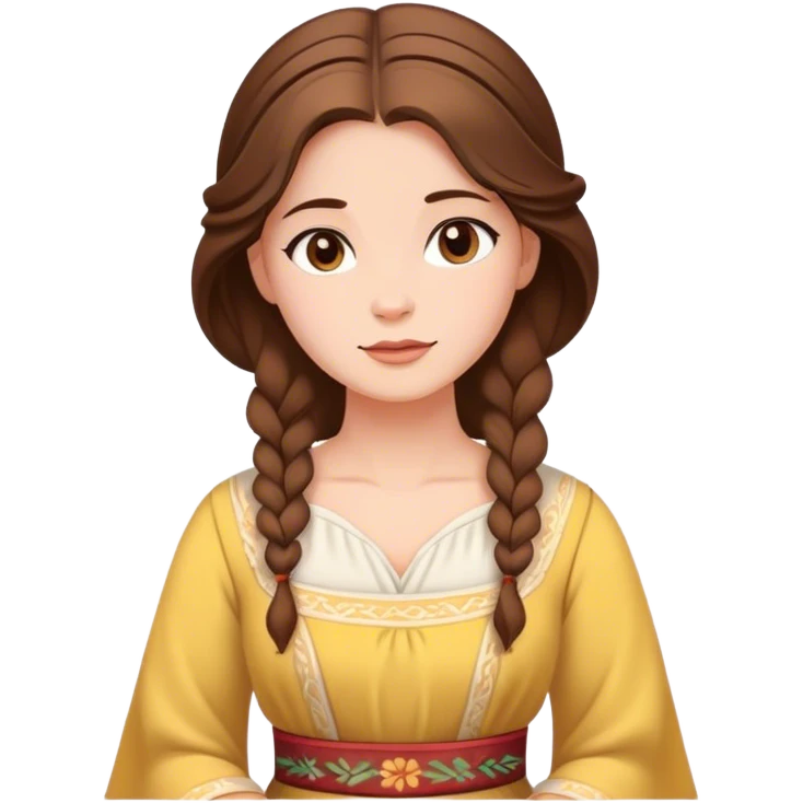 Cinematic Serene Belle Portrait Emoji, rendered in a simplified vector style. Depict a gentle Belle (chest and above) with fair, glowing skin, softly cascading brown hair, and a calm, inviting expression, dressed in her traditional village dress. The image exudes a soft, luminous glow and is outlined with a subtle, warm light. emoji