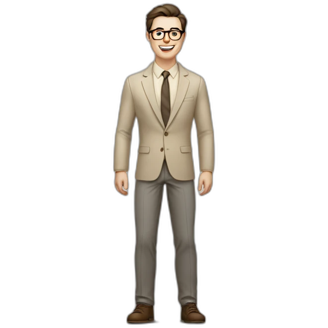 Joyful Full height Pale skinned Fit Man With dark brown hair in gray jacket, beige office shirt, Brown pants and vintage glasses. His thrumbs up emoji