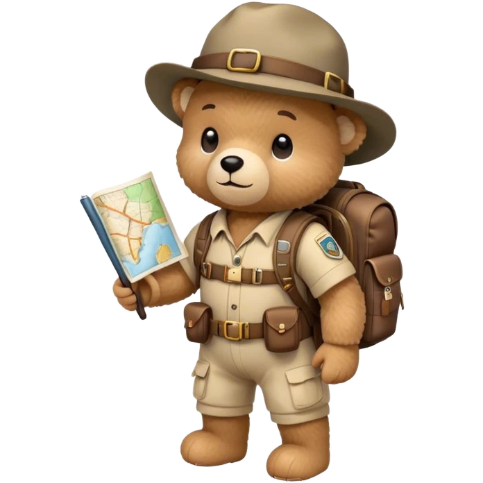 A cute, cartoon-style teddy bear, dressed as an explorer, carries a well-equipped backpack and holds a map in his hand. Explorer bear emoji