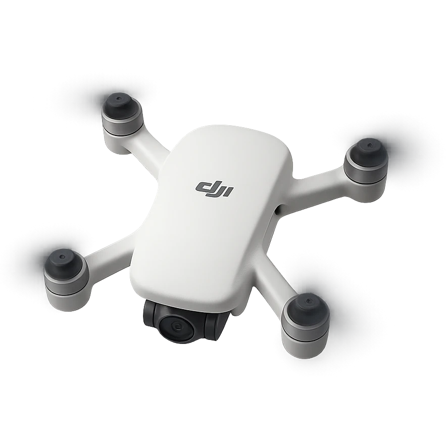 Redesign the cricket ball to be white and transform it to look like a realistic DJI drone with DJI-style propellors and body, depicted spinning. Remove the background completely, isolating the drone design. emoji