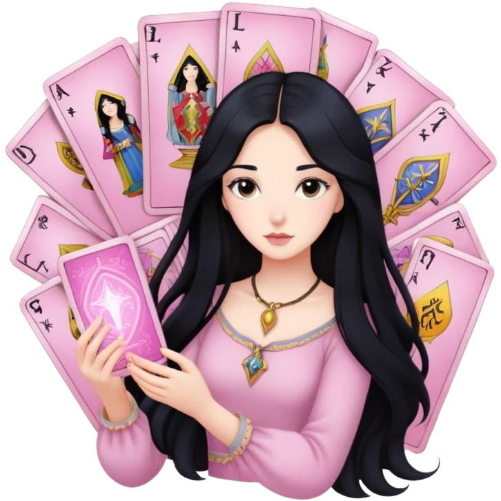 long black hair girl with light pink tarot cards emoji