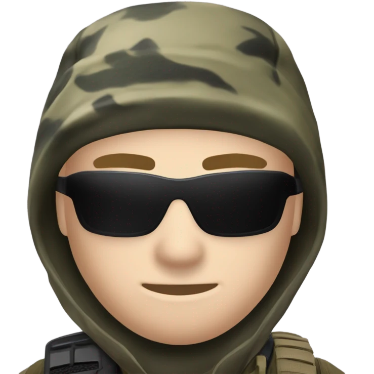 White male, call of duty black mask, camo tactical gear, camo pants, combat boots, black beanie, blue eyes emoji