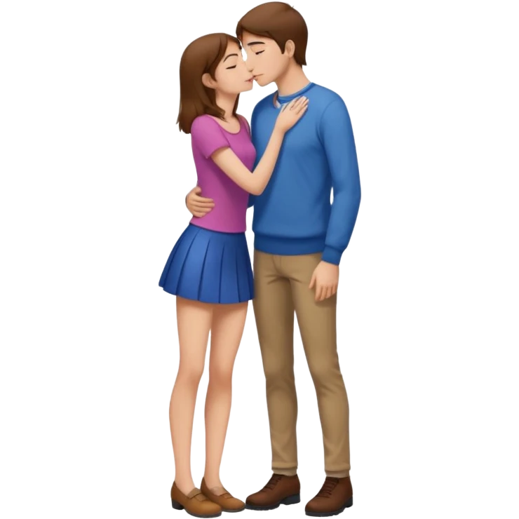 A naked girl with brown hair and bare small breasts openly kisses a tall guy with brown hair full-length on the lips. she is with naked boobs She is wearing a very short skirt and is in full height. emoji