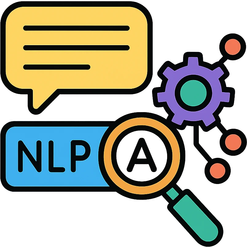NLP icon with text analysis, language processing, and machine learning elements emoji