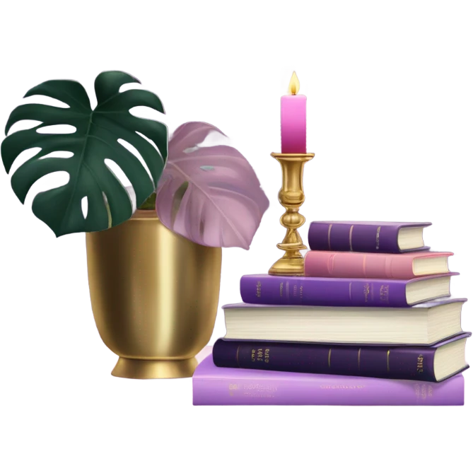 An elegant still life featuring a stack of light and dark violet books, a pink monstera plant, and a brass candle holder. emoji