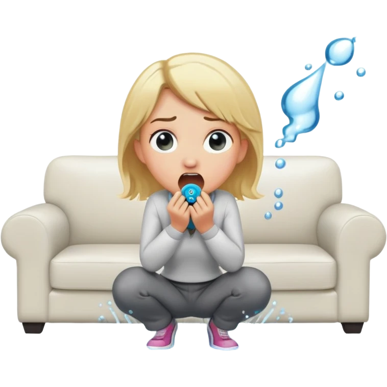 round-faced blond woman kneeling, shocked expression, playful cartoon stick with D-shaped knob and exaggerated features coming from trousers in front of her face, water jet into her mouth, white couch behind emoji
