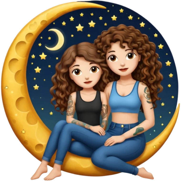 moon bench — long wavy brown hair tattooed woman and short tight curly brown hair woman — sitting on crescent moon emoji