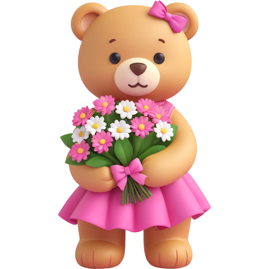 A cute teddy bear with a pink bow on its head, holding a bouquet of white flowers, in a 3D iOS Disney style, with a soft pink background and hearts floating around, wearing a pink dress. emoji