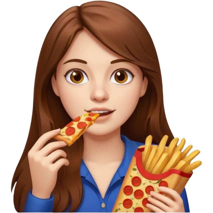 lean female with long hair holding fries and eating pizza emoji