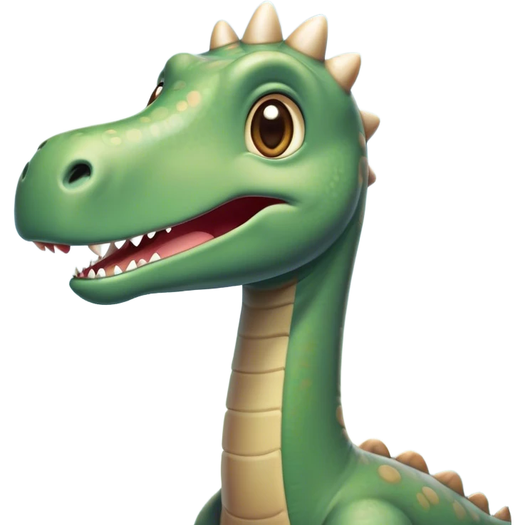 Cinematic Cute Brontosaurus Portrait Emoji, Head tilted playfully with a gentle smile, featuring a charming, massive form with an elongated neck and a small, endearing head adorned with bright, curious eyes, Simplified yet irresistibly adorable features, highly detailed, glowing with a warm, inviting prehistoric glow, high shine, affectionate and lively, stylized with a touch of whimsical ancient charm, soft glowing outline, capturing the essence of a playful Brontosaurus that seems as if it could amble out of the screen into your arms! emoji