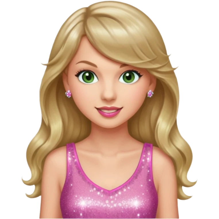 Green eyed smiling Taylor swift with long hair wearing a sparkly pink minidress at the eras tour emoji