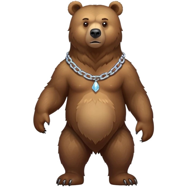 Full-body realistic brown bear on all four legs shown from head to tail, serious expression, complete view of the entire bear with simple ice chain around neck emoji