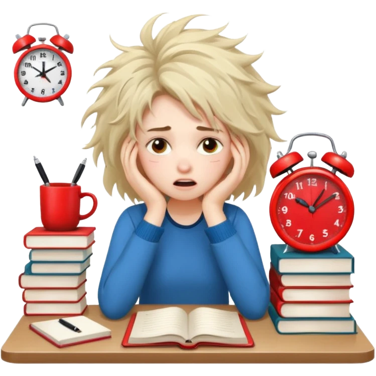 A student girl is sitting in a panic and chaos. On the table, there are a bunch of books, notebooks, and a phone with a red alarm clock on the screen. emoji