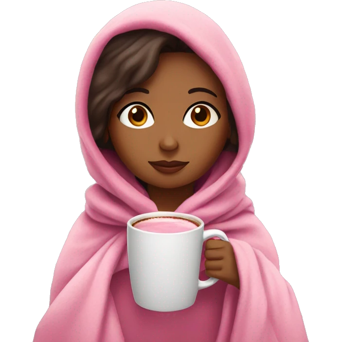 Brown girl in pink blanket drinking hot coco in a pink mug  emoji