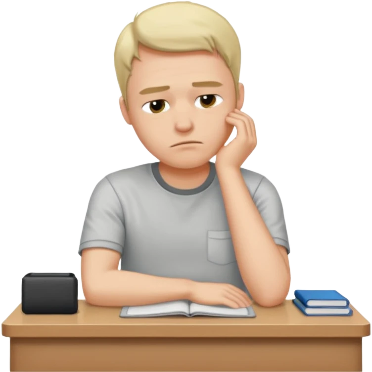 A man wearing a shirt with slumped posture, sitting at a desk, iOS emoji style emoji