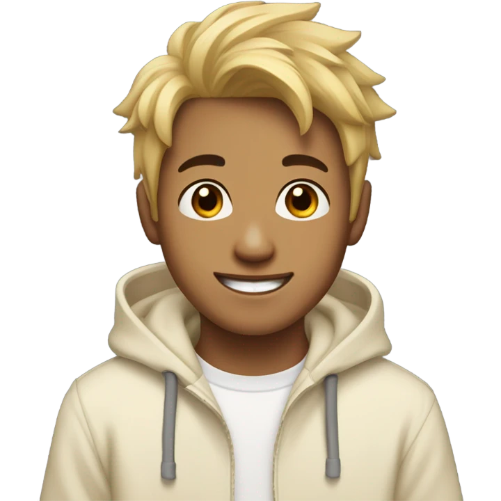 A young Asian man, blond messy hair that's shaved on the left hair, honey-brown eyes, cream-colored hoodie, smiling. emoji