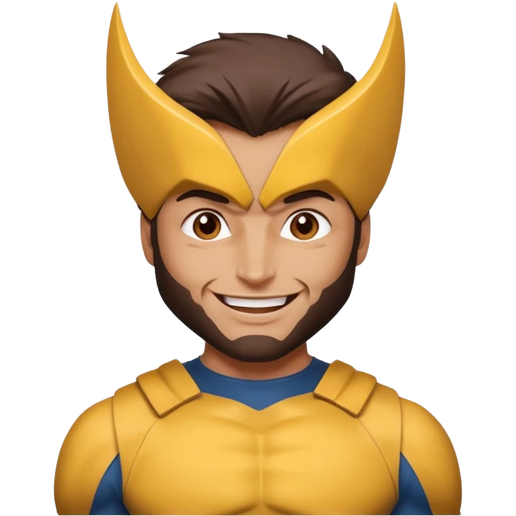Make a person with brown eyes wearing a wolverine costume and laughing emoji