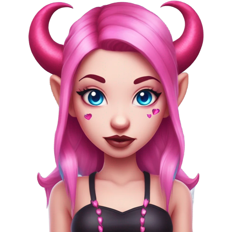 A succubus devil girl with pink skin round shaped horns with blue eyes and pupils shaped into red hearts her hair tied up in two ponytails, hot pink colour with blue hair, strings crystal in her forehead, blue coloured and pink freckles emoji