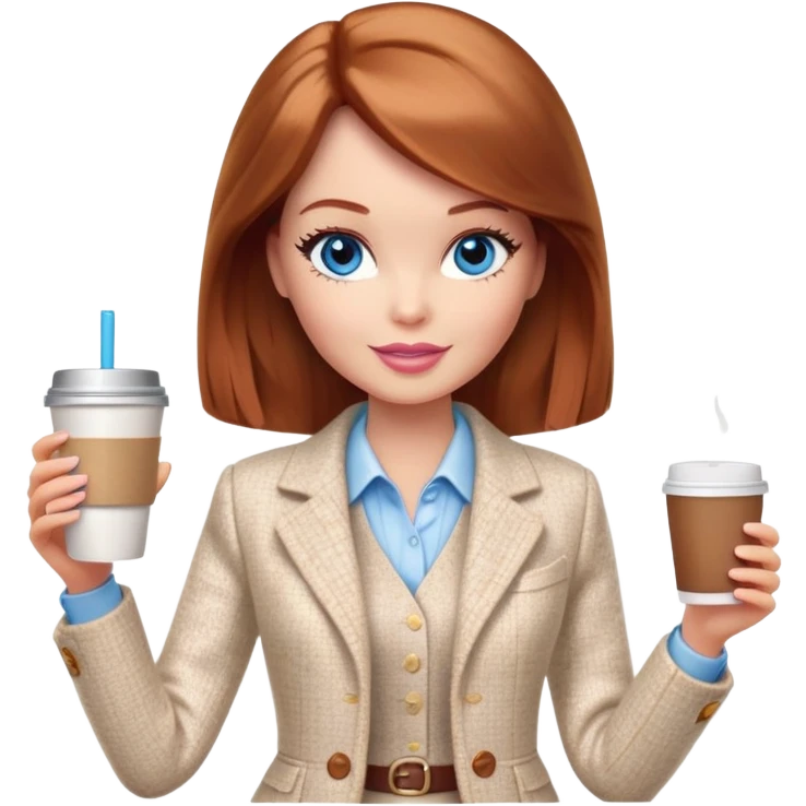 A Barbie girl with blue eyes, shoulder-length reddish-brown hair, made-up, wearing a white tweed jacket and a beige skirt, with a glass of coffee in her hands emoji