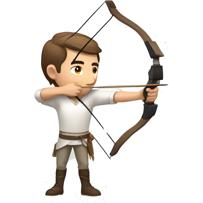 a male archer aiming with a bow facing  his target, eyes closed, wearing a white shirt, very short brown hair, bright skin emoji