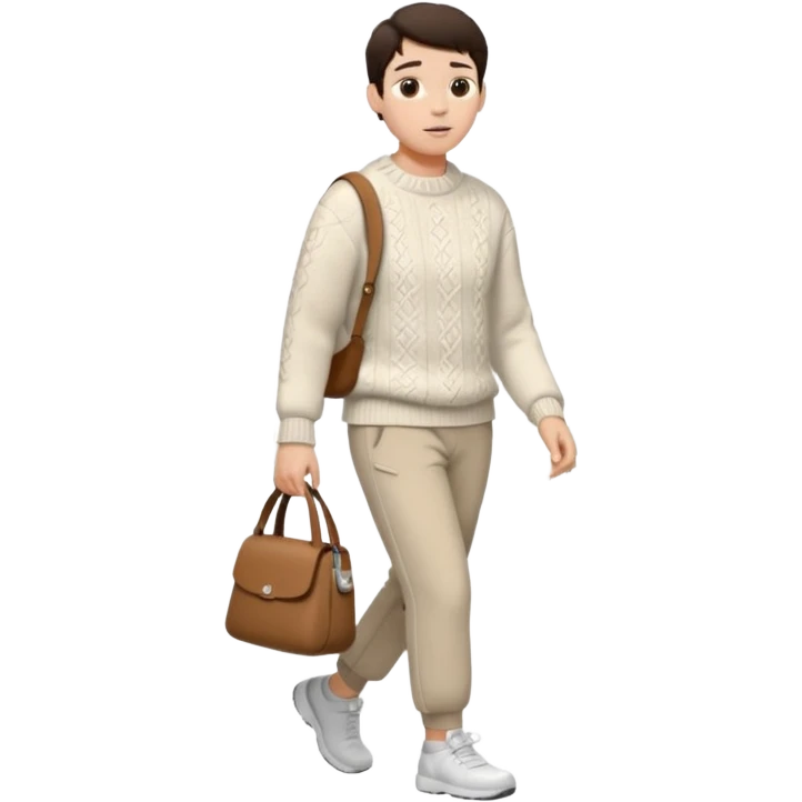 걷고 있는 사람
옷은 겨울에 어울리는 니트와 하의를 입었고 숄더백을 매었다.
머리카락 색깔은 어두운 갈색, 풀은 긴머리를 하고 있다 
귀에는 애플의 에어팟이 착용되어 있다 emoji