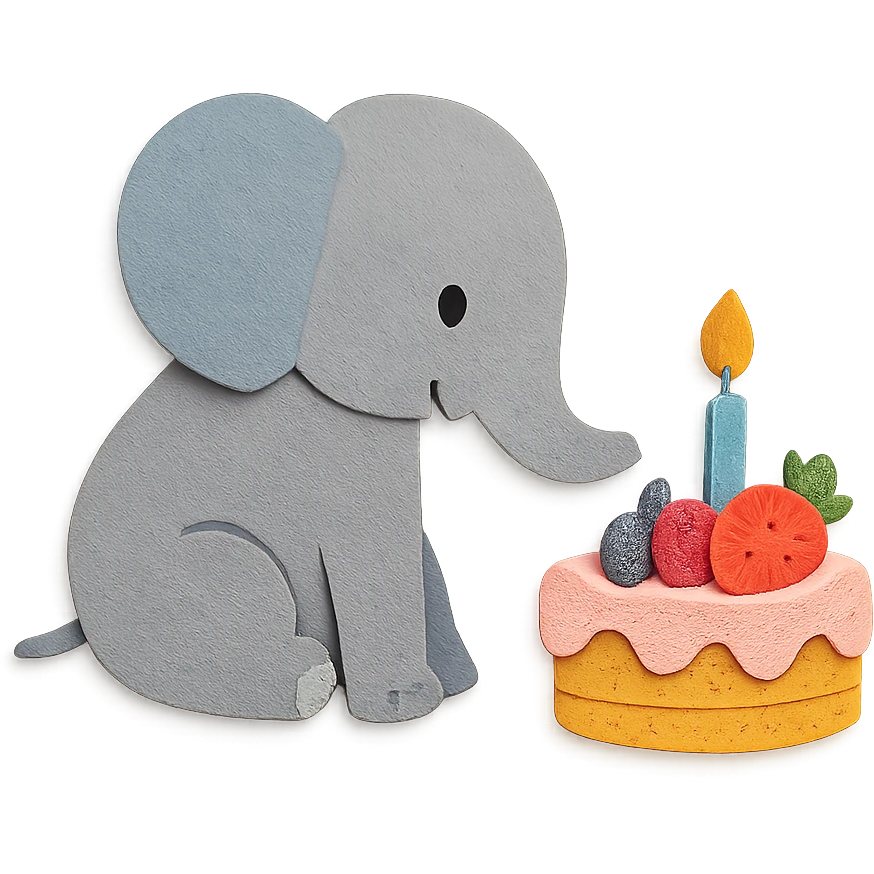 elephant beside one colorful candle-lit fruit cake, paper-craft style emoji