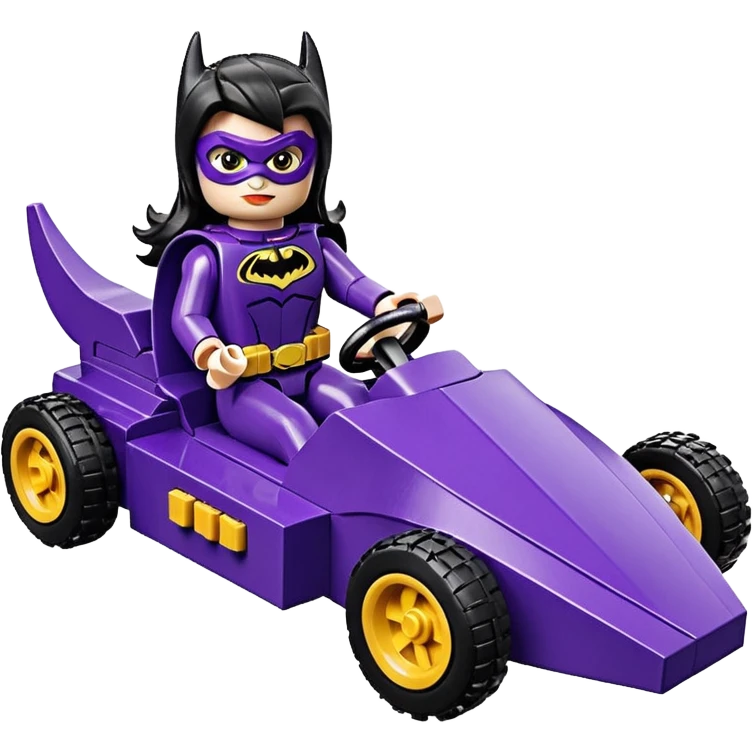 Hot full size real-appearance racing action BatGirl’s Lego feminine midnight-purple tight outfit sixty’s tv show 1992 stealthy retro sporty safe plush petite off-road pursuit hovering hover cruiser car rose gold accents (black hair,reclined and relaxed seating position) go kart  emoji