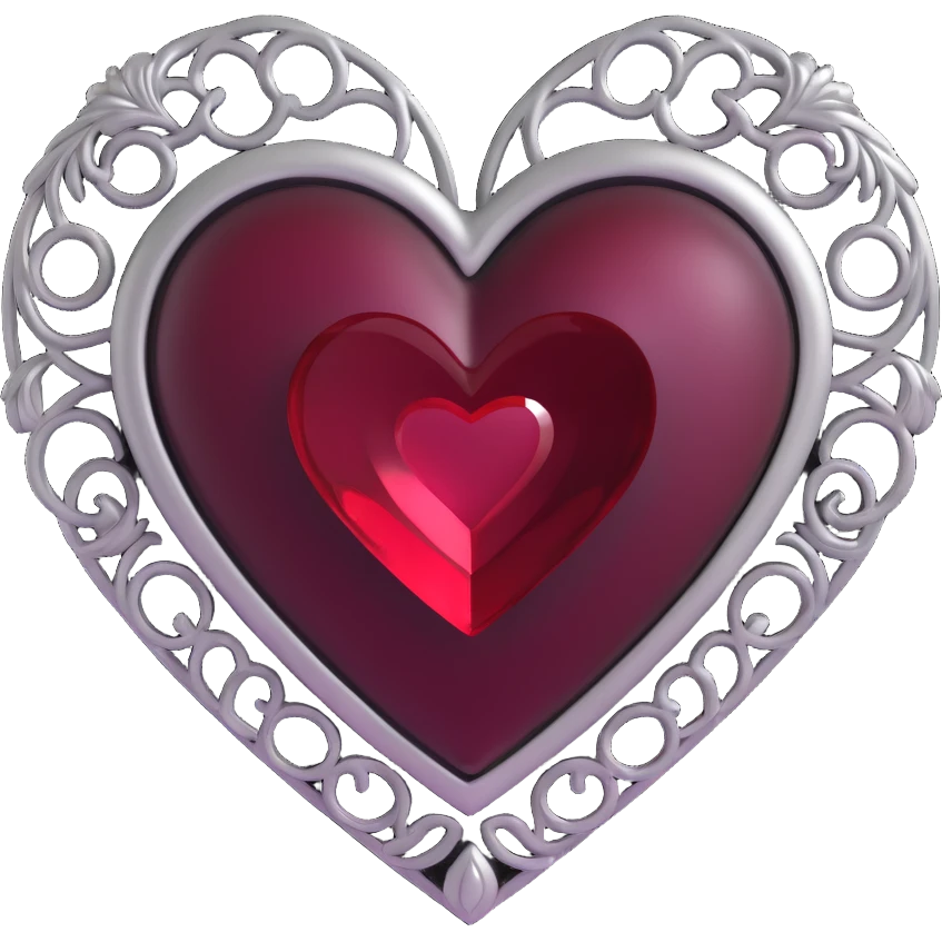 3D emoji gothic heart, black velvet texture, ornate silver filigree, deep red gemstone center, smoky aura emoji