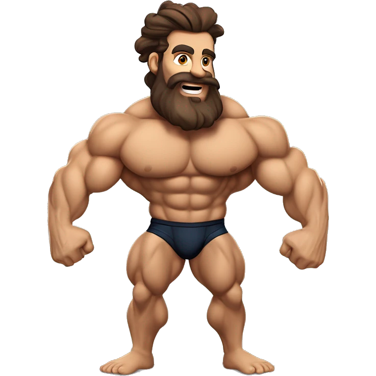 muscled hairy bodybuilder brown hair beard,enormous pecs and enormous biceps, long wavy hair in a man bun, with dark brown eyes, and tanned skin, full body from head to toes picture, flexin both biceps, hairy body, wearing, bodybuilding posing swimsuit emoji