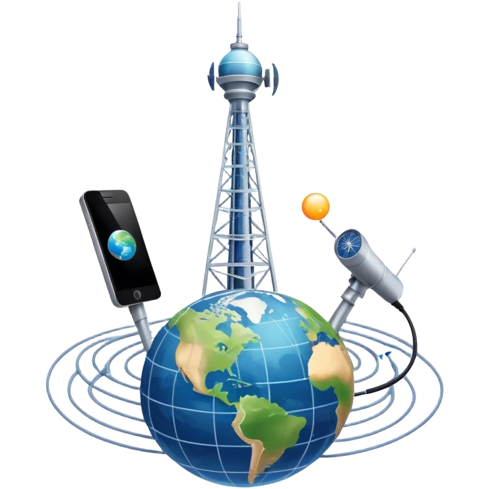 An icon featuring a communication tower with signal waves, satellites in orbit, and fiber optic cables. The design includes a smartphone and an earth with connection lines, symbolizing global communication networks. Transparent background  emoji